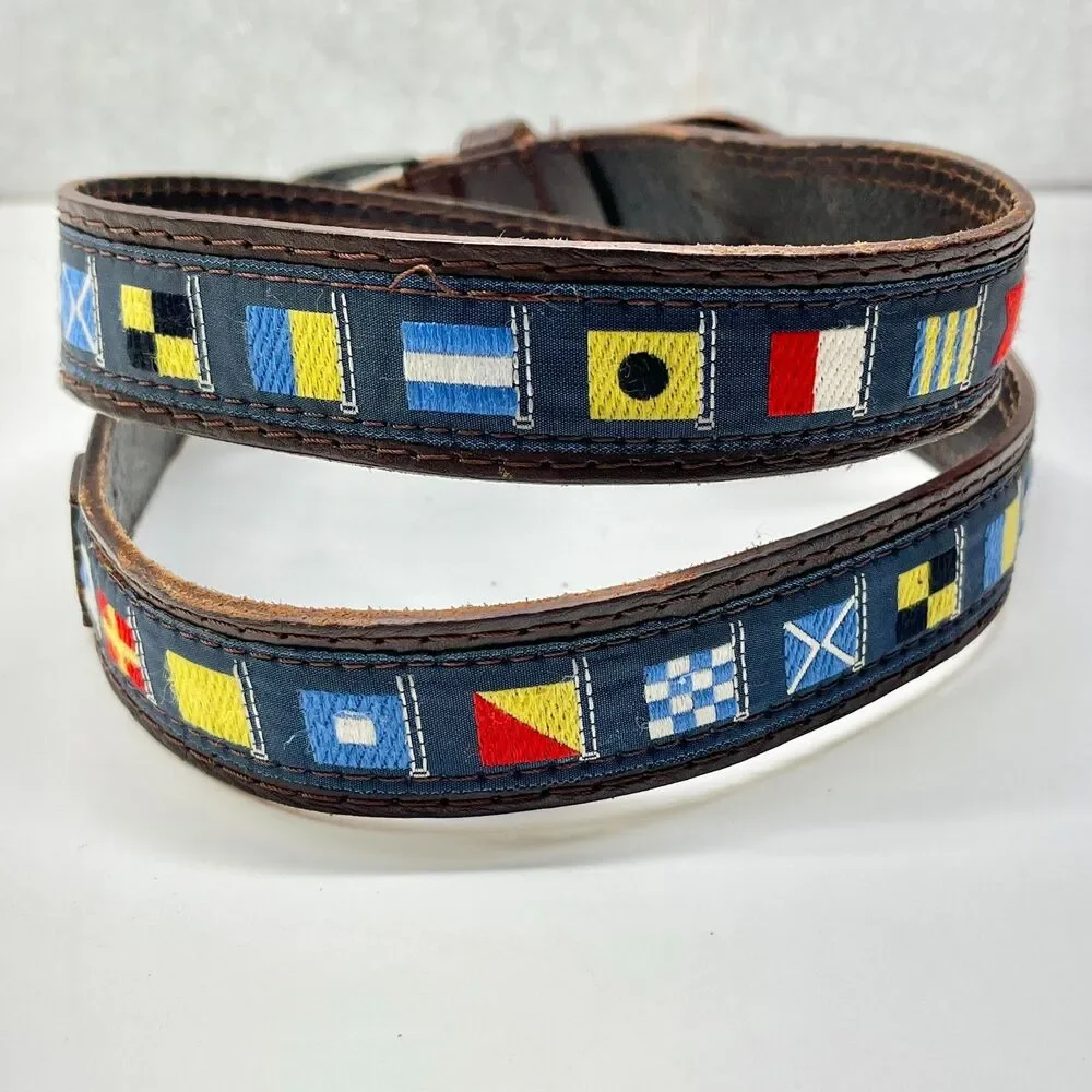 Vtg Pierre Carlini Mens Nautical Flag Blue Ribbon Brown Leather Belt Size 38 M